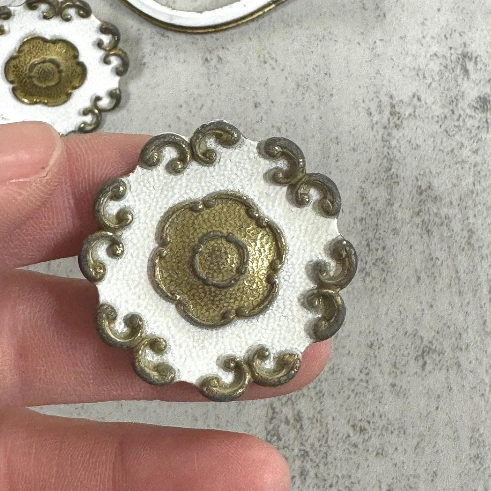Vtg French Provincial Dresser Hardware: Brass & White Handles Knobs, Set of 6